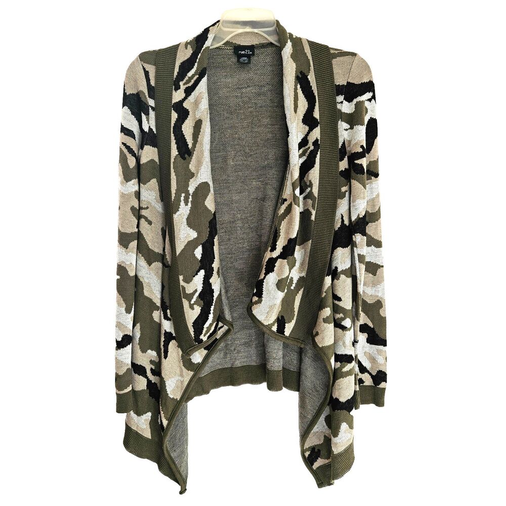 Rue 21 Camo Cardigan Sweater Womens Large Y2K Open Front Drape Made in USA